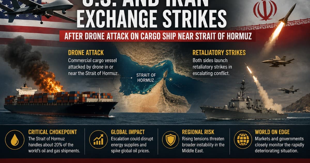 US and Iran Exchange Military Strikes After Drone Hits Cargo Ship in Strait of Hormuz