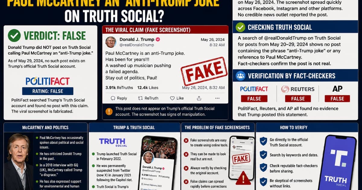 Viral Claim That Trump Called Paul McCartney an 'Anti-Trump Joke' on Truth Social Scrutinized